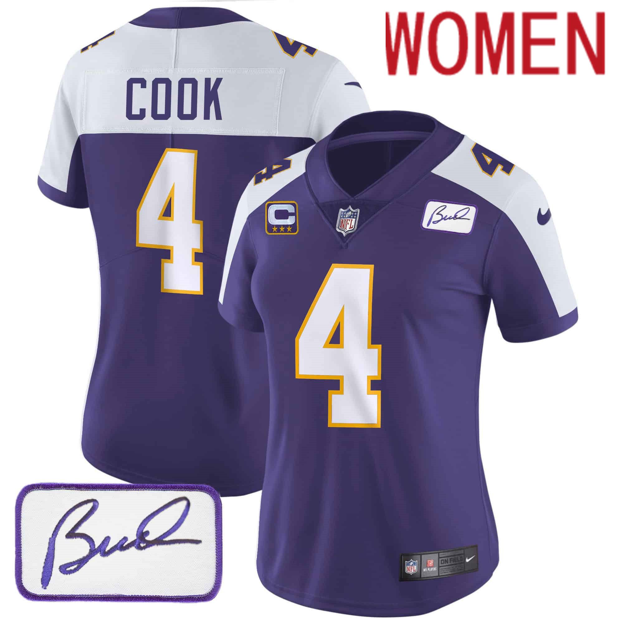 Women Minnesota Vikings 4 Cook Purple 2024 Nike Bud Grant Patch Classic Limited NFL Jersey
